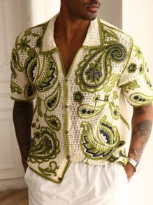 Manfinity CityGents Camisa de punto de manga corta con botones con estampado de paisley para las vacaciones de verano de hombres