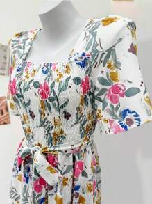 SHEIN Clasi 女式优雅扎染花卉印花泡泡袖短款摆裙，春夏 - 彩色 - 查看 3