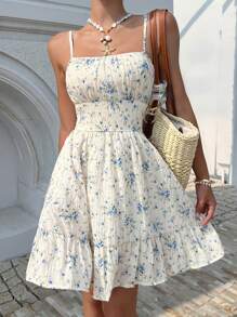 Serisse Women's Summer Holiday Ditsy Floral Print Ruffle Hem Spaghetti Strap Beach Dress,Bohemian Clothes Vacation Resort