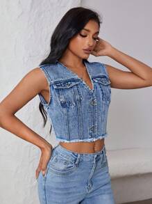 SHEIN ICON Sleeveless V-Neck Frayed Button Washed Denim Vest - Light Wash - View 5