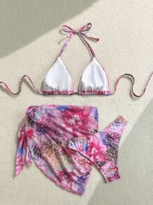 Soleia Women's 3pcs Vintage Leopard Floral Print Halter Neck Tie-Up Wrap Skirt Beach Set - Multicolor - View 2