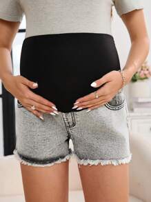 SHEIN Shorts de mezclilla casuales de verano para maternidad, con cintura elástica, bolsillos y dobladillo deshilachado - Gris Claro - Ver 5