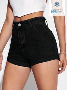 SHEIN EZwear 纯色口袋紧身休闲牛仔短裤，夏季 - 黑色 - 查看 5