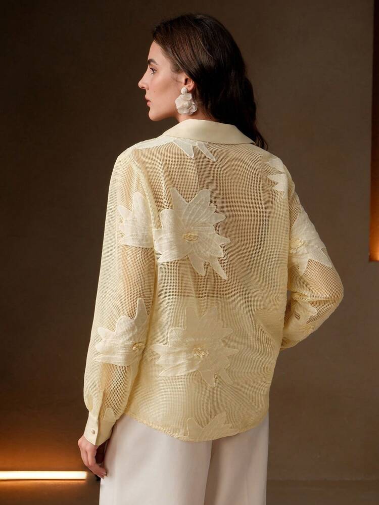 Women's Shirt Mesh Embroidered High-End Custom Perspective Blue Women's Long Sleeved Casual Shirt Elegant, Casual, Vacation, Spring