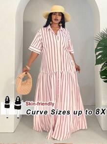SHEIN CURVE+ 大码女士休闲条纹前扣长裙、度假装、加大码、波西米亚度假装、飘逸连衣裙、女士太阳裙 女士沙滩装/沙滩裙/沙滩度假装/沙滩必备品/毕业/茶会礼服 夏季/乡村/沙滩度假装/沙滩装/沙滩装