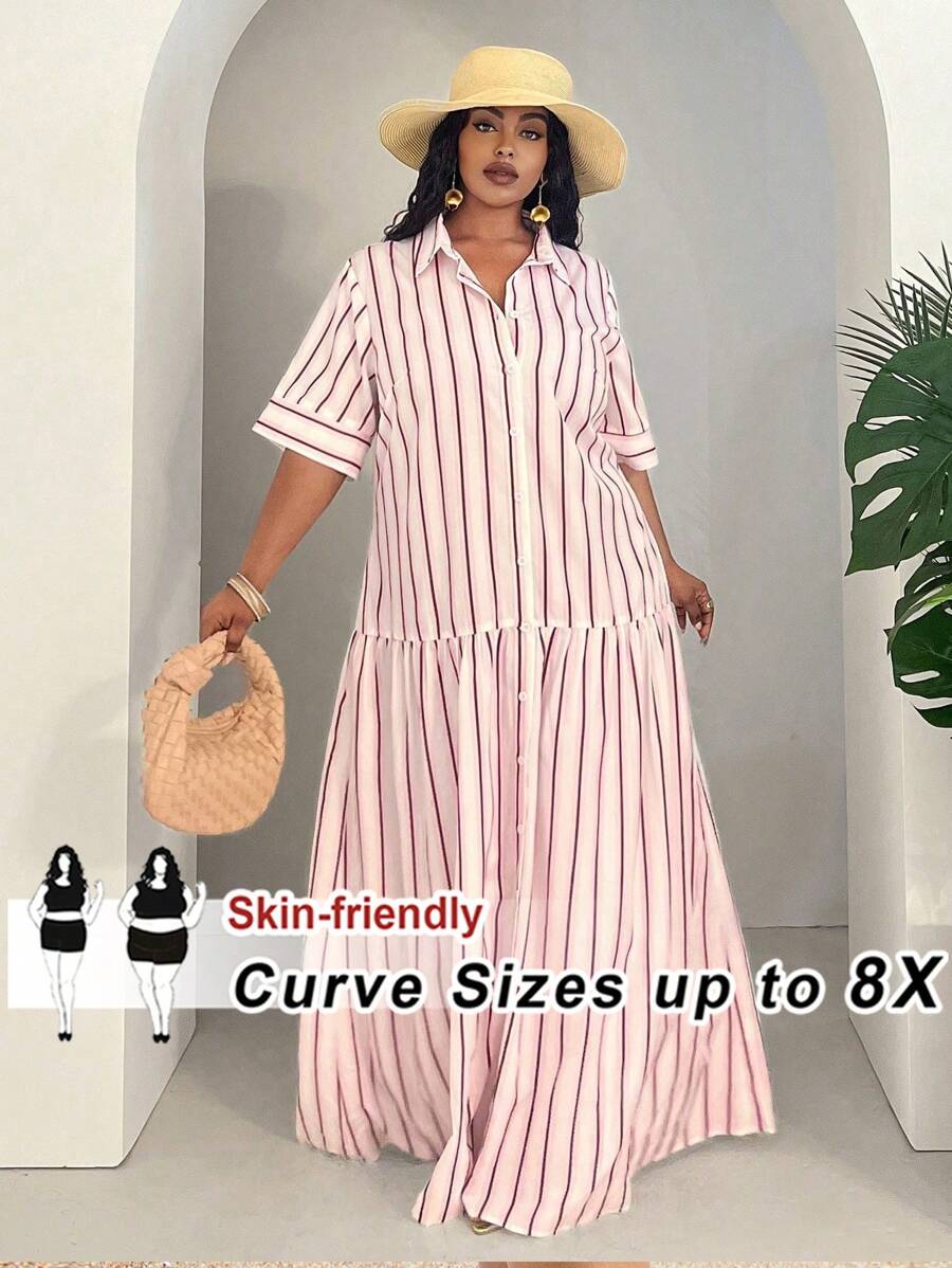 SHEIN CURVE+ 大码女士休闲条纹前扣长裙、度假装、加大码、波西米亚度假装、飘逸连衣裙、女士太阳裙 女士沙滩装/沙滩裙/沙滩度假装/沙滩必备品/毕业/茶会礼服 夏季/乡村/沙滩度假装/沙滩装/沙滩装