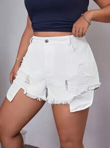 SHEIN ICON Plus Size Distressed Frayed Denim Shorts With No Stretch - White - View 3