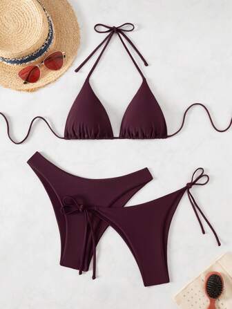 SHEIN Swim Women's Summer Beach Solid Color Halter Tie Sexy Bikini 3pcs Swimsuit Set Burgundy Victoria Secret