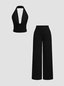 Sweetra 黄色深 V 领露背吊带短款上衣和低腰直筒阔腿裤套装，女士休闲性感家居/度假装，春夏 - 黑色 - 查看 1