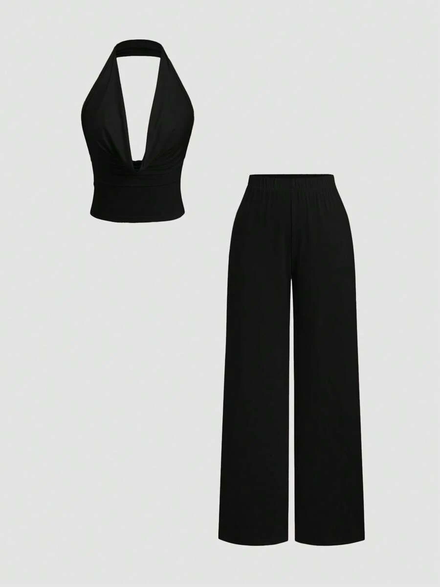 Sweetra 黄色深 V 领露背吊带短款上衣和低腰直筒阔腿裤套装，女士休闲性感家居/度假装，春夏 - 黑色 - 查看 1