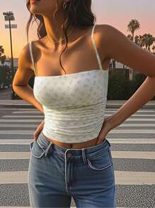 INAWLY Solva Áo yếm nhún bèo in hình gấu cho nữ - trắng - Xem 3