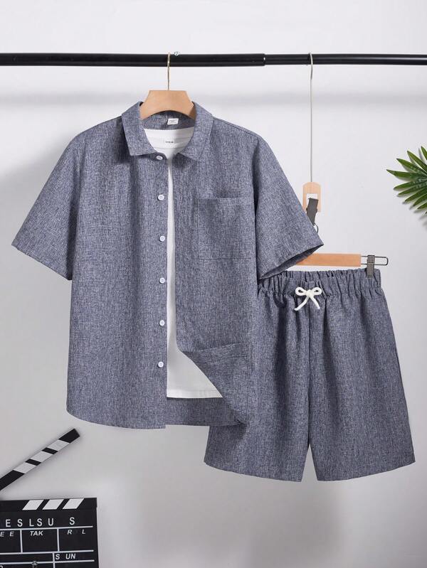 SHEIN Teen Boys Minimalist Oversized Beach Vacation Shirt And Shorts Set, Casual College Style, Comfortable And Practical, Soft Fabric Suitable For Daily Wear, School, Travel, Beach, Spring/Summer