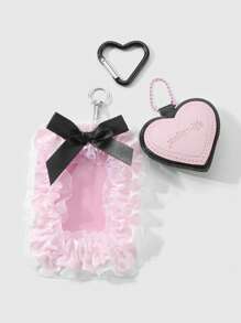 ROMWE Kawaii 1 件，可爱优雅的粉色皮革心形蕾丝欧根纱蝴蝶结卡包，适合办公室职员、学生、日常穿着，是节日礼物的理想选择 - 粉色 - 查看 4