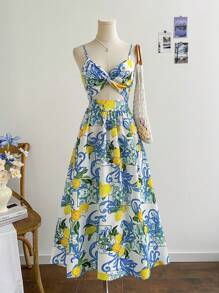 Soleia 女士镂空扭纹前收腰 A 字裙，适合度假、下午茶、乡村、海滩 - 彩色 - 查看 4