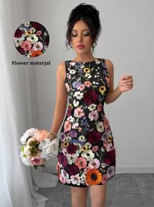 Rafferiza Women's Round Neck Sleeveless Elegant Floral Fitted Mini Skirt