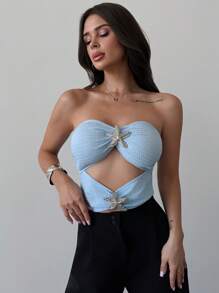 Firerie Traje de baño casual de vacaciones para mujeres, sexy y encantador para festivales de música y vacaciones, diseño calado en color azul con decoración de estrella de mar metálica, ajustado y refinado