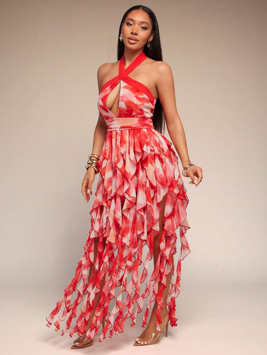 Vixey Large Floral Chiffon Front Cut Out Halter Neck Ruffle Hem Maxi Top, Wedding Guest Dress Women, Tea Party Dress