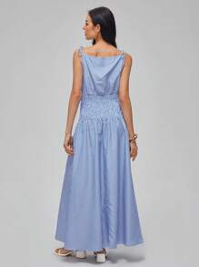 Roylia Scoop Neck Shirred Tie Striped Minimalist Casual Commuting A-Line Dress - Blue and White - View 2