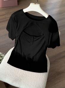 Dazy Plus Camiseta de manga corta con cuello redondo elástica y ajustada con diseño calado, para Año Nuevo Chino, primavera/verano, talla grande