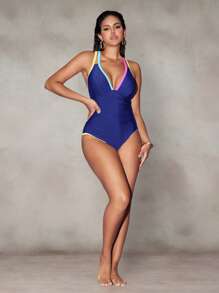 Shapewave 1pc Tummy Control Patchwork Swimsuit For Women For Summer Beach Vacation - Navy Blue - View 5