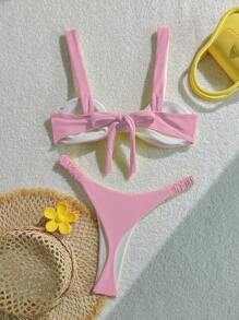 Swim Mod 女士夏季度假装，女士沙滩时尚休闲纯色细肩带泳衣两件套 - 粉色 - 查看 5