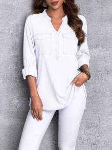 EMERY ROSE Women's V-Neck Button Half-Placket Roll-Up Sleeve Casual Denim Blouse - White - View 5