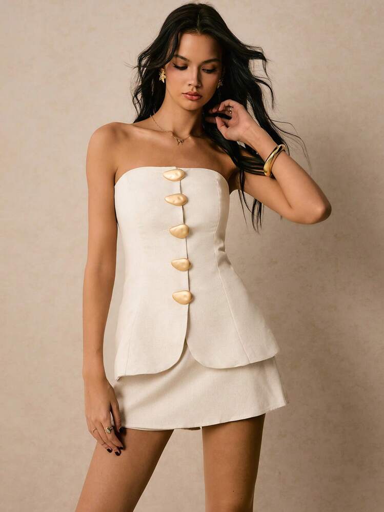 Poéselle Conjunto de 2 peças com Top Bandeau e Mini Saia com Design de Botão de Metal na Cor Sólida para Mulheres - Damasco - Visão 4