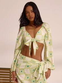 MUSERA Printed Chiffon Tie Front Flare Long Sleeve Top Spring  Vacation Boho Ibiza Elegant Beach Cute Beach House Holiday Elegant - Green - View 1