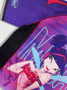 ROMWE MEN Winx Club X ROMWE قميص رياضي كاريكاتيري برقبة على شكل V، بألوان متباينة وأكمام قصيرة للرجال - متعدد الألوان - مشاهدة 4