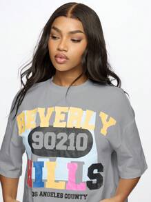 SUMWON WOMEN 比佛利山庄图案学院风加州 T 恤休闲宽松版型街头风经典个性字母印花上衣 - 淺灰色 - 查看 3