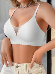 1 szt. Bezszwowy, siatkowy, patchworkowy, jednolity kolor, falbaniasty brzeg, regulowany, wyjmowany, usztywniany, bezprzewodowy biustonosz