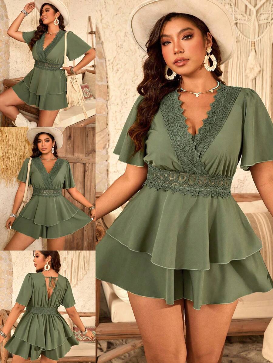 SHEIN Clasi Plus Size V-Neck, Collar Lace Trim, Bell Sleeves, Waist Hollow Out, Jumpsuit - Army Green - View 1