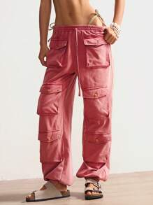 Bohemela Pantalones largos de mujer con bolsillos de punto de unicolor, decorados con cordón en el bajo, informales para el Día de la Independencia, Graduación - Rojo - Ver 6