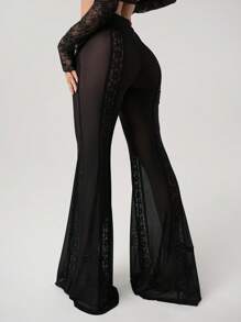 SHEIN ICON 超低腰蕾丝和网眼嵌件紧身喇叭裤 - 黑色 - 查看 2