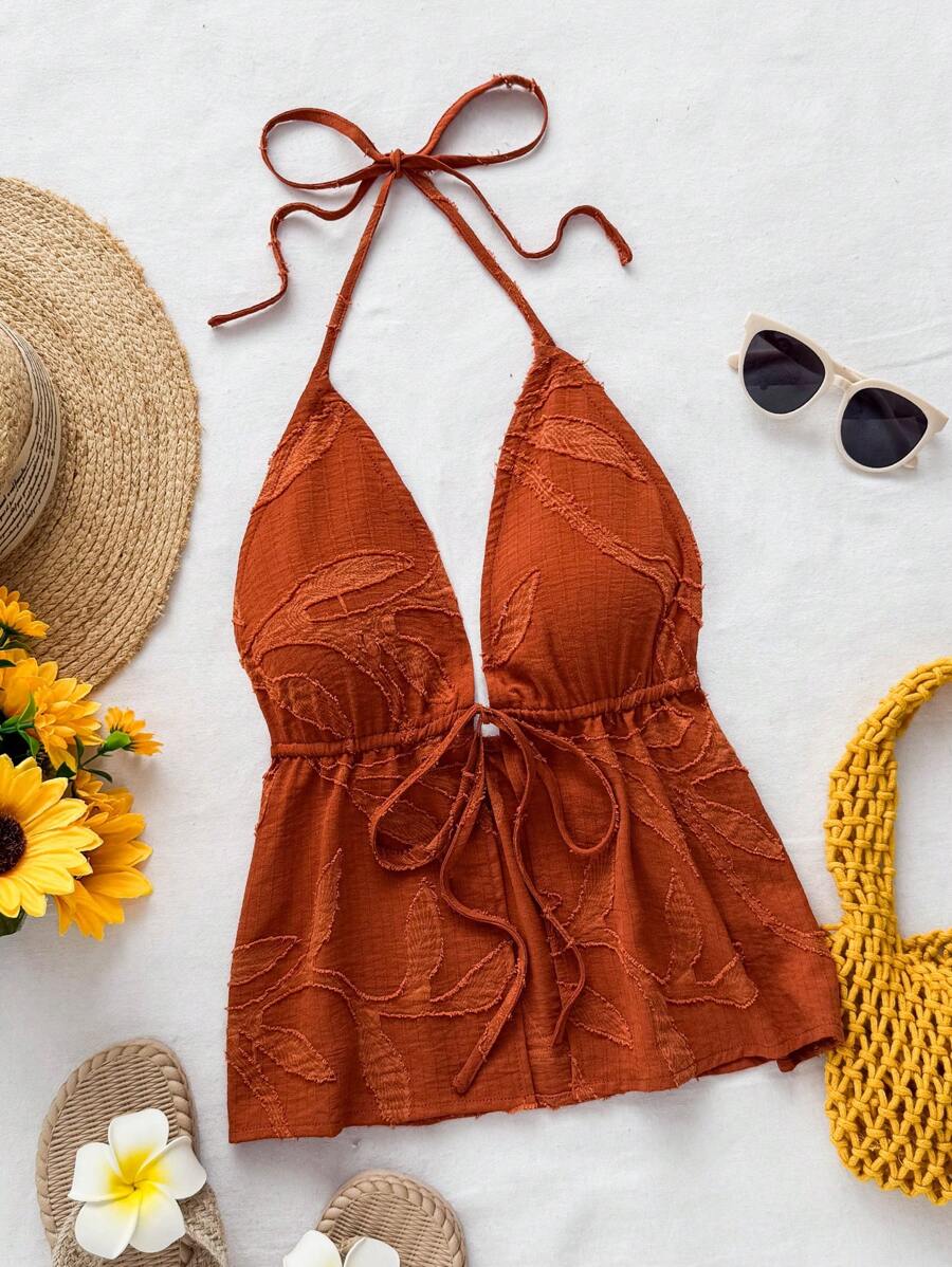 Soleia Casual Halter V-Neck Tied Back Textured Fabric White Women Tank Top, Suitable For Event, Holiday, Date, Valentine's Day, Afternoon Tea - Rust Brown - View 1