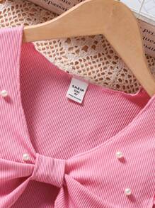 Sparklyn 2 件套青少年女孩优雅盖袖串珠上衣和玫瑰印花连衣裙（配腰带），春夏 - 粉色 - 查看 3