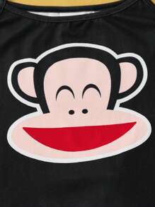 Paul Frank X SHEIN Tween Girl Cute Black Cartoon Pattern Cami Top And Red Casual Shorts Pajama Set, Summer - Multicolor - View 4