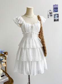 Soleia Women's Cottage Core White Polka Dot Tea Party Summer Mini Dress,Vacation Rural Floral Mesh Ruffle Spaghetti Strap Ruffled Hem,Wedding - White - View 8