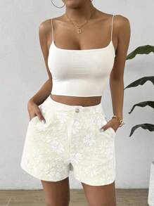 SHEIN Clasi Solid Color Random Print Elegant Straight Leg Shorts, Summer - Beige - View 5