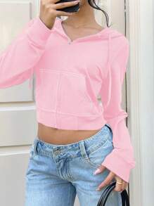 SHEIN EZwear Women's Long Sleeve Zip-Up Contrast Color Trim Hooded Sweatshirt Graduation,Back To School Outfits,Graduation,Teacher Outfits For Women,Back To School - Pink - View 7