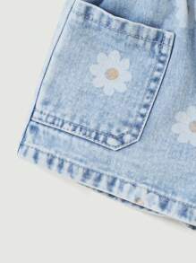 Denimly Young Girls Vintage Botanical Print Cute Casual Urban Light Washed Elastic Waist Denim Shorts, School, Campus, College