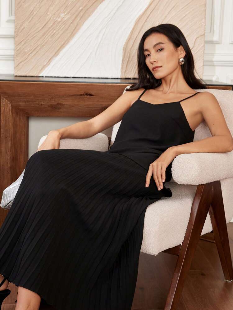 Women's Summer Commuting Elegant 2 In 1 Chiffon Slip Dress, Business Casual Pleated Midi Dress