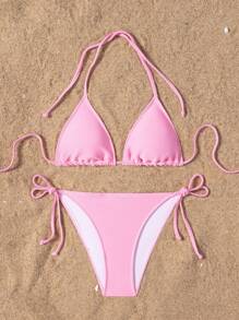 Swim Mod 2pcs Women Summer Beach Solid Color Halter Tie Sexy Pink Bikini Swimsuit Set - Pink - View 4