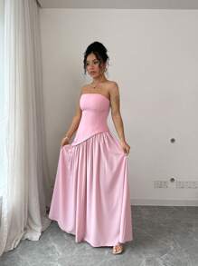 Selianne Women's Elegant Casual Solid Color Slash Shoulder A-Line Maxi Dress With Back Strap, Suitable For Afternoon Tea, Spring/Summer - Pink - View 5