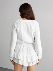 SHEIN Tall Women's Solid Color V-Neck Raglan Sleeve Ruffle Hem Jumpsuit - White - View 2