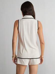 SHEIN Tall Bộ đồ vest không tay và váy chắp vá bằng vải lanh dành cho nữ có viền màu, thời trang tối giản, trang phục thường ngày & thường ngày, trang phục công sở thanh lịch khi đi làm - Màu be - Xem 2
