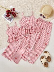 2件套女童可爱格子吊带背心和长裤套装 - 彩色 - 查看 3