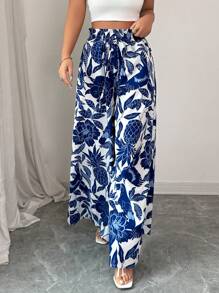 Breezaya Quần ống rộng in họa tiết thường ngày có túi, cạp rút, phong cách đi nghỉ - Màu xanh lam - Xem 7