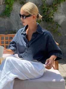 Livesso Women Summer Turn-Down Collar Short Sleeve Elastic Waist Crop Loose Casual Street Style Denim Blouse - Medium Wash - View 3