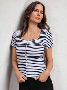 Miaspire Women Striped Print Square Collar Short Sleeve Casual T-Shirt, Summer